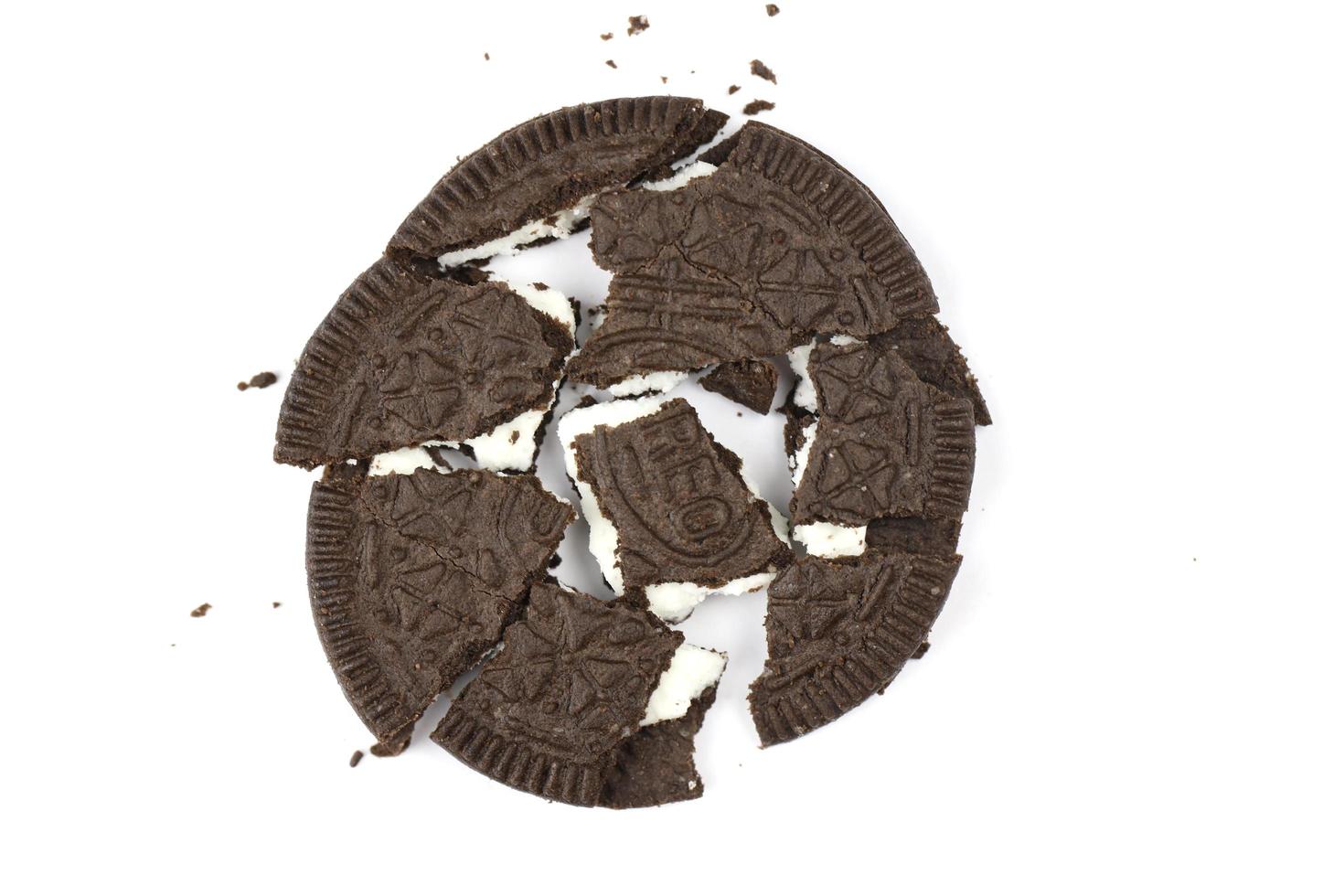 KHARKIV, UKRAINE - FEBRUARY 14, 2022 Oreo thin crispy cookie on white background. The brand Oreo is owned by Mondelez international photo