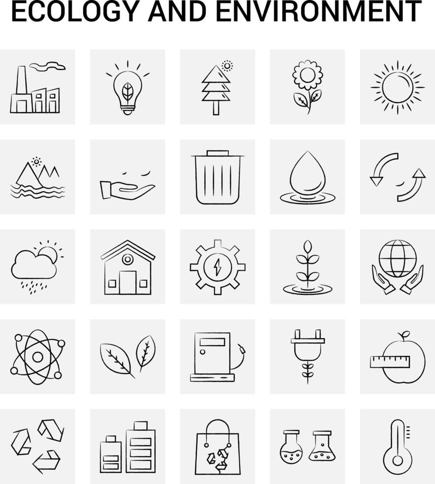 25 Hand Drawn Ecology and Enviroment icon set Gray Background Vector Doodle