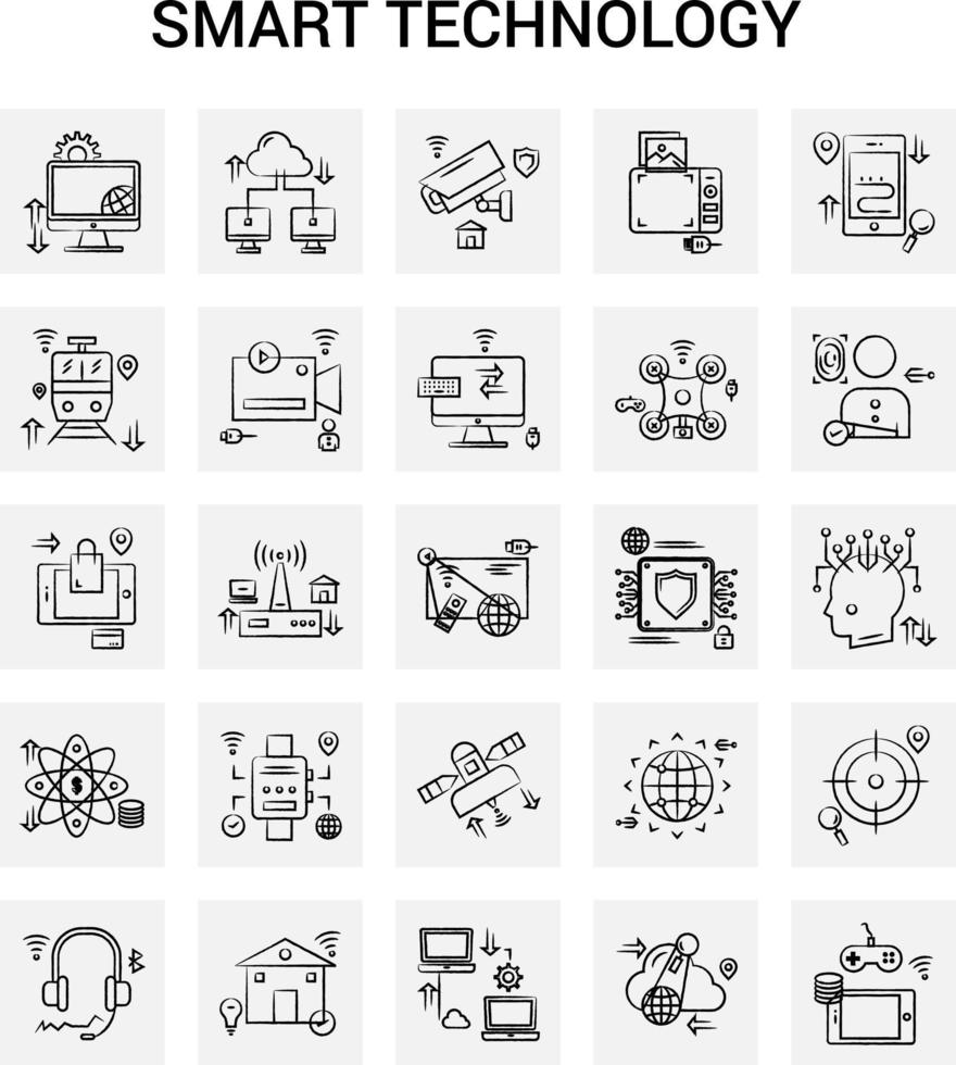 25 Hand Drawn Smart Technology icon set Gray Background Vector Doodle