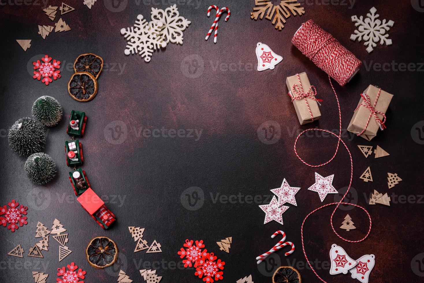 Home festive Christmas table decorated by toys and gingerbreads photo