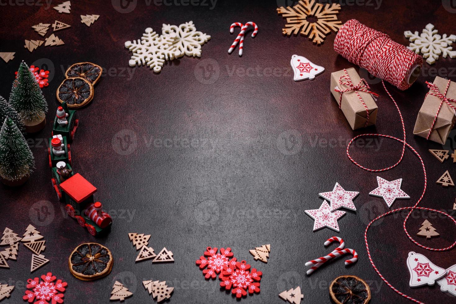 Home festive Christmas table decorated by toys and gingerbreads photo