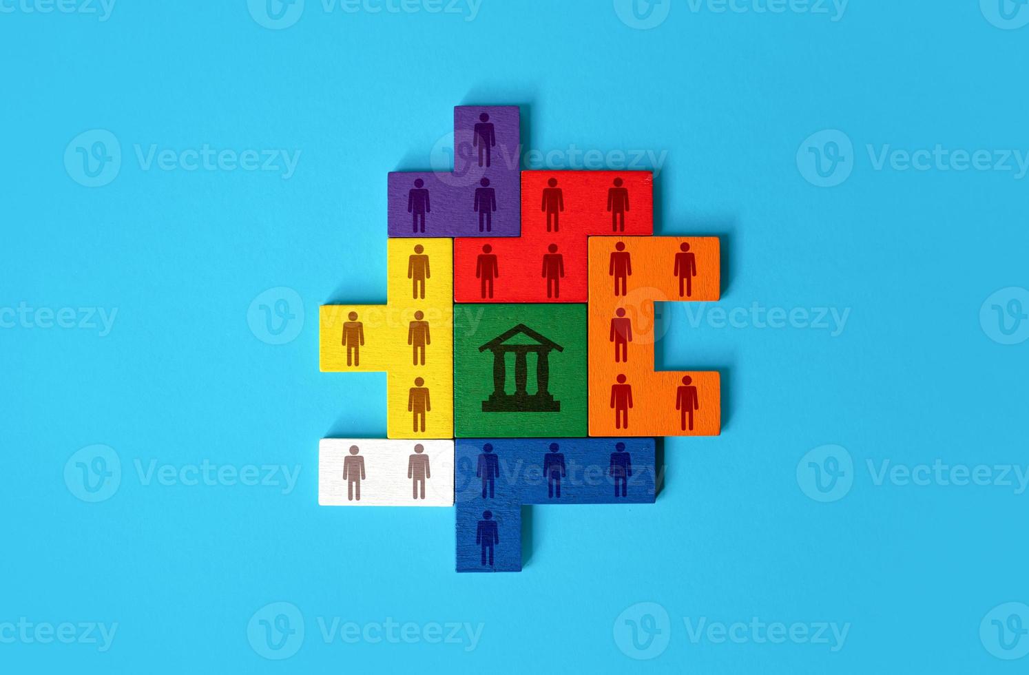 People unite around the bank. Lenders and borrowers. Communication functioning of economic relations between entities, regulatory services. Assistance to business and entrepreneurship by the bank. photo