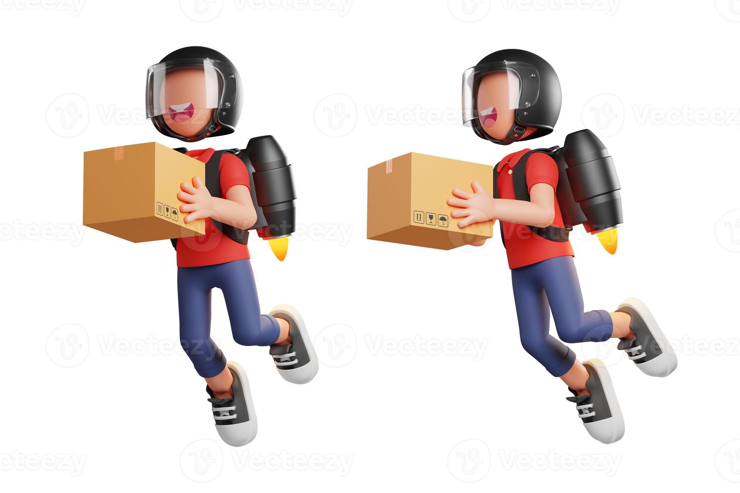 illustration of courier flying with a jetpack while holding a cardboard box. 3d rendering photo