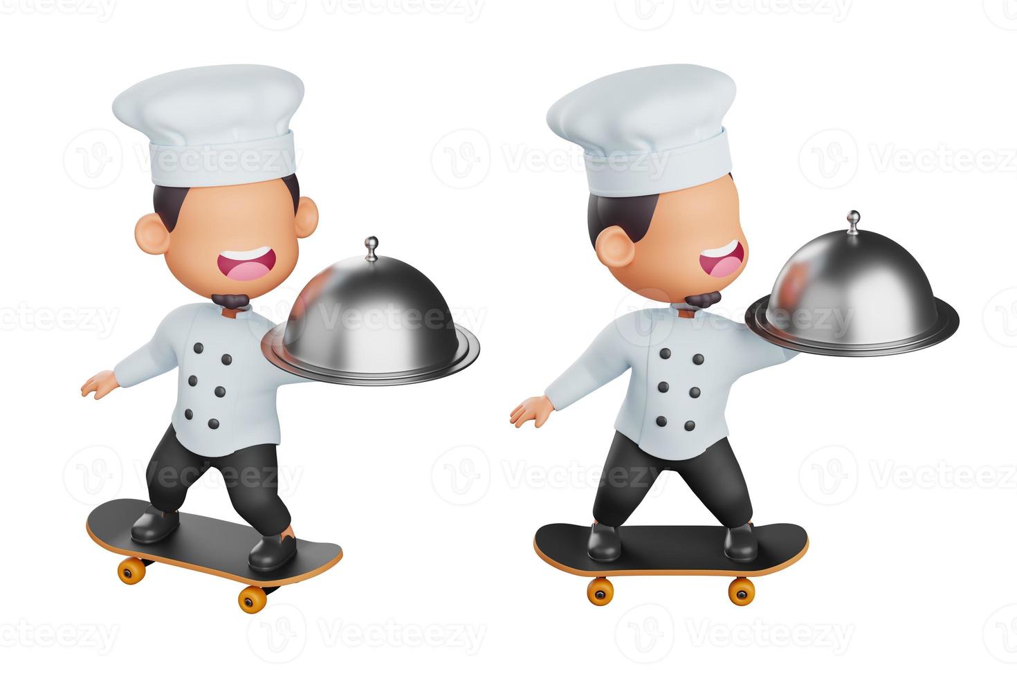 3d character of chef riding a skateboard with hold stainless food tray photo
