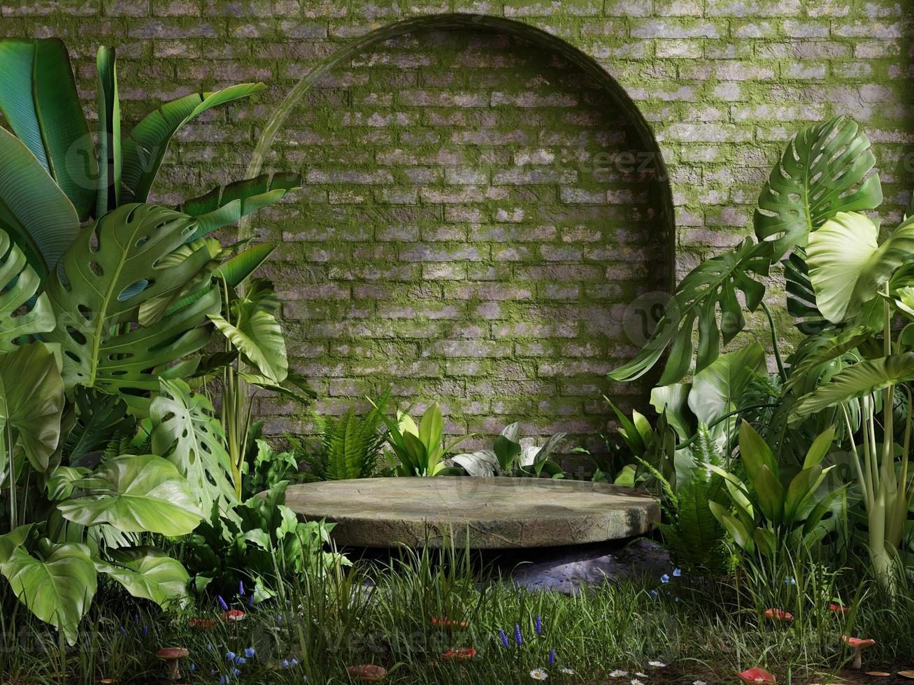 podio musgoso en bosque tropical para presentación de productos y fondo de musgo de pared. foto