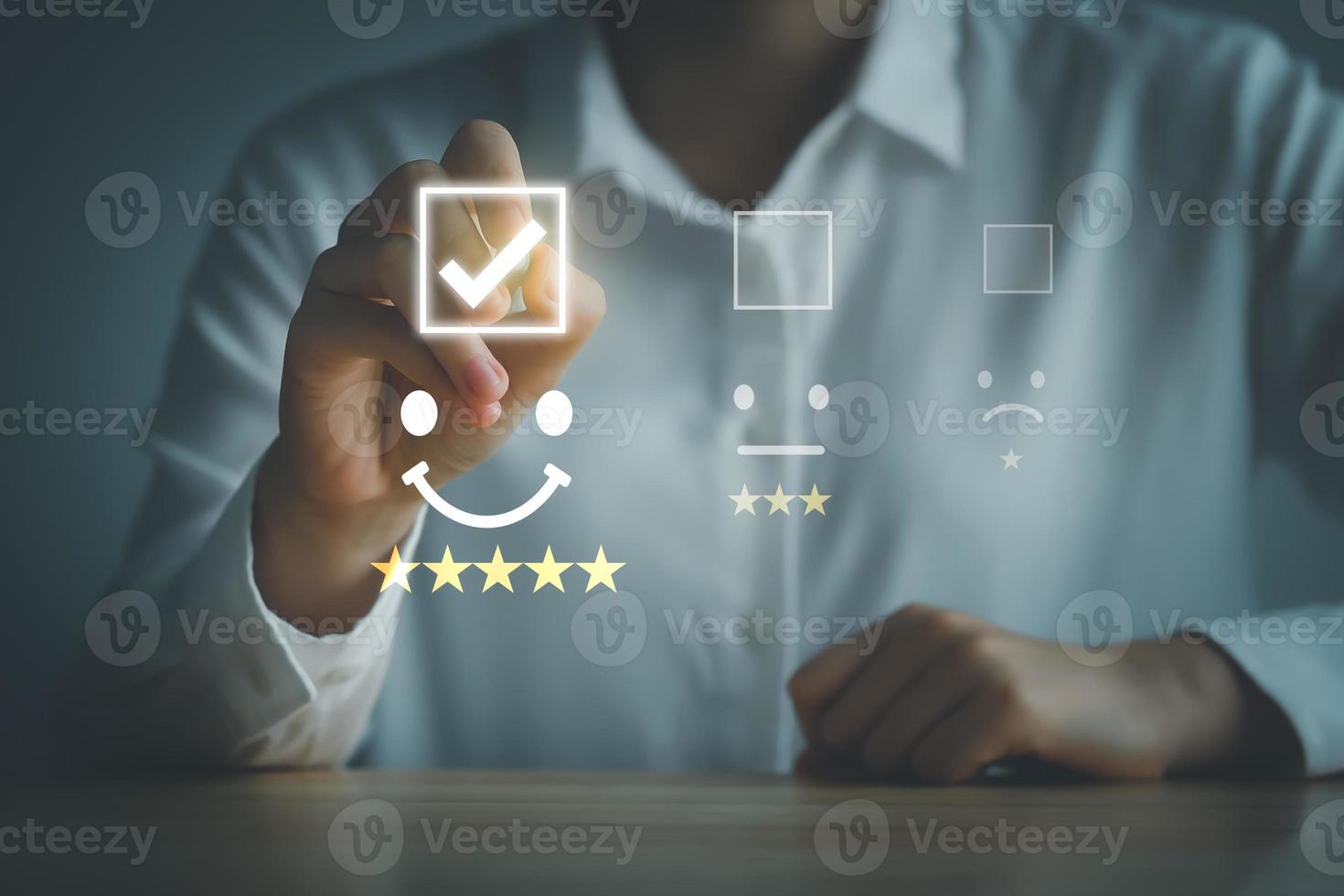 Customer giving rating 5 star for review. Customer service rating experience, feedback emotion and online satisfaction survey. Evaluate quality of service leading to reputation ranking of business. photo