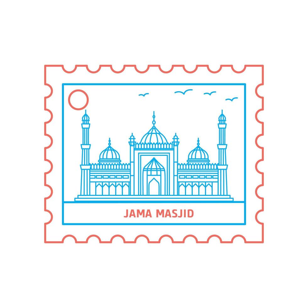 JAMA MASJID postage stamp Blue and red Line Style vector illustration