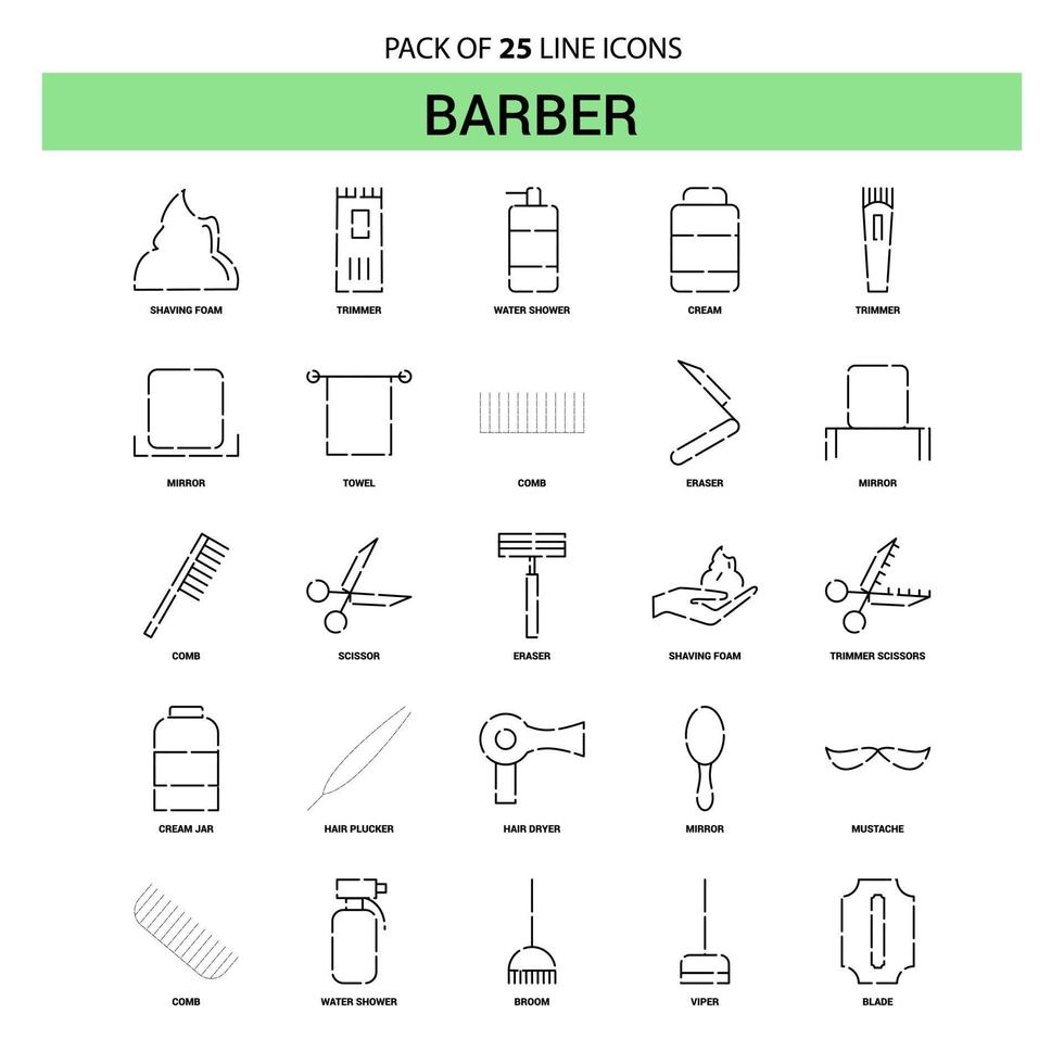 conjunto de iconos de línea de barbero 25 estilo de contorno discontinuo vector