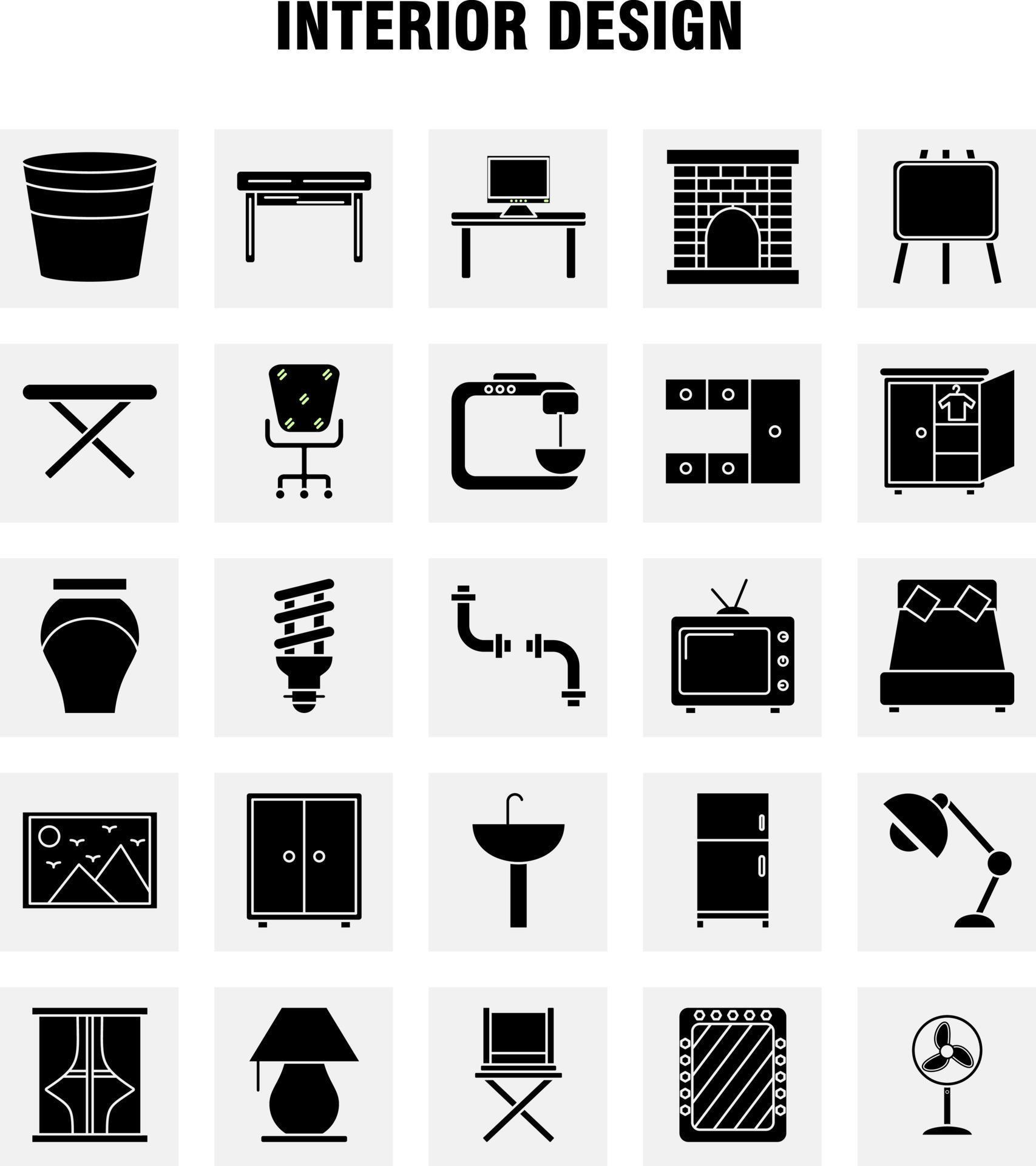 Interior Design Solid Glyph Icons Set For Infographics Mobile UXUI Kit 