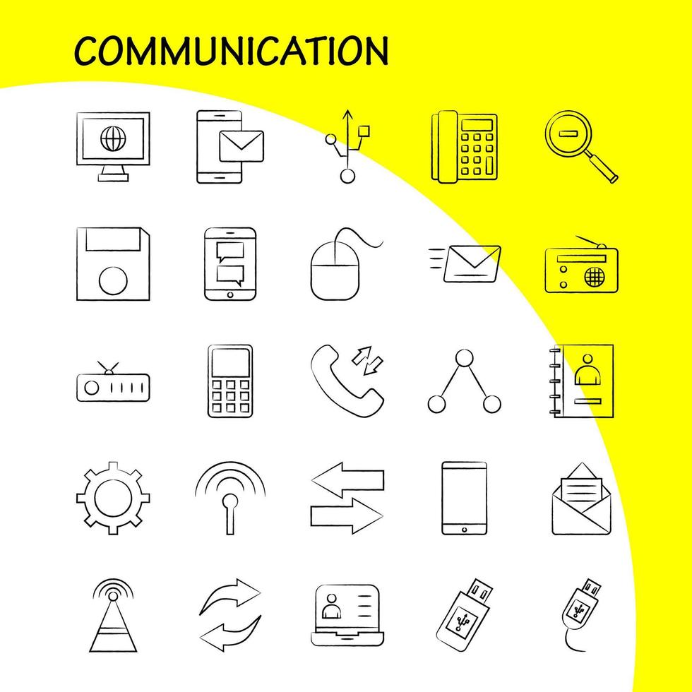 comunicación iconos dibujados a mano establecidos para infografías kit uxui móvil y diseño de impresión incluyen llamadas horas de teléfono señales colección de comunicación de red de torre logotipo infográfico moderno an vector