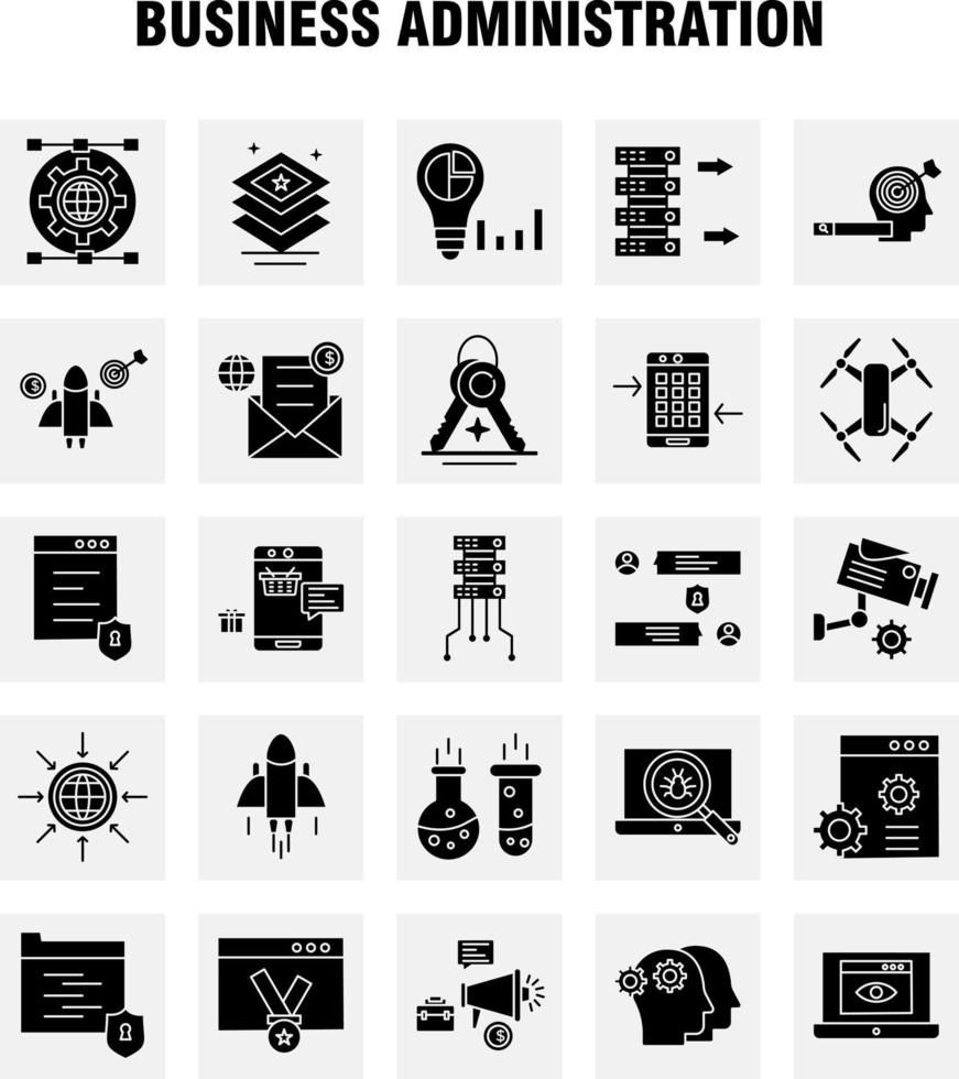 Business Administration Solid Glyph Icons Set For Infographics Mobile UXUI Kit And Print Design Include Graph Dollar Business Money Gear Setting Pencil Writing Eps 10 Vector