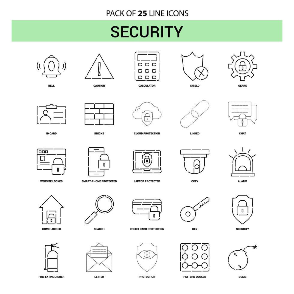conjunto de iconos de línea de seguridad 25 estilo de contorno discontinuo vector