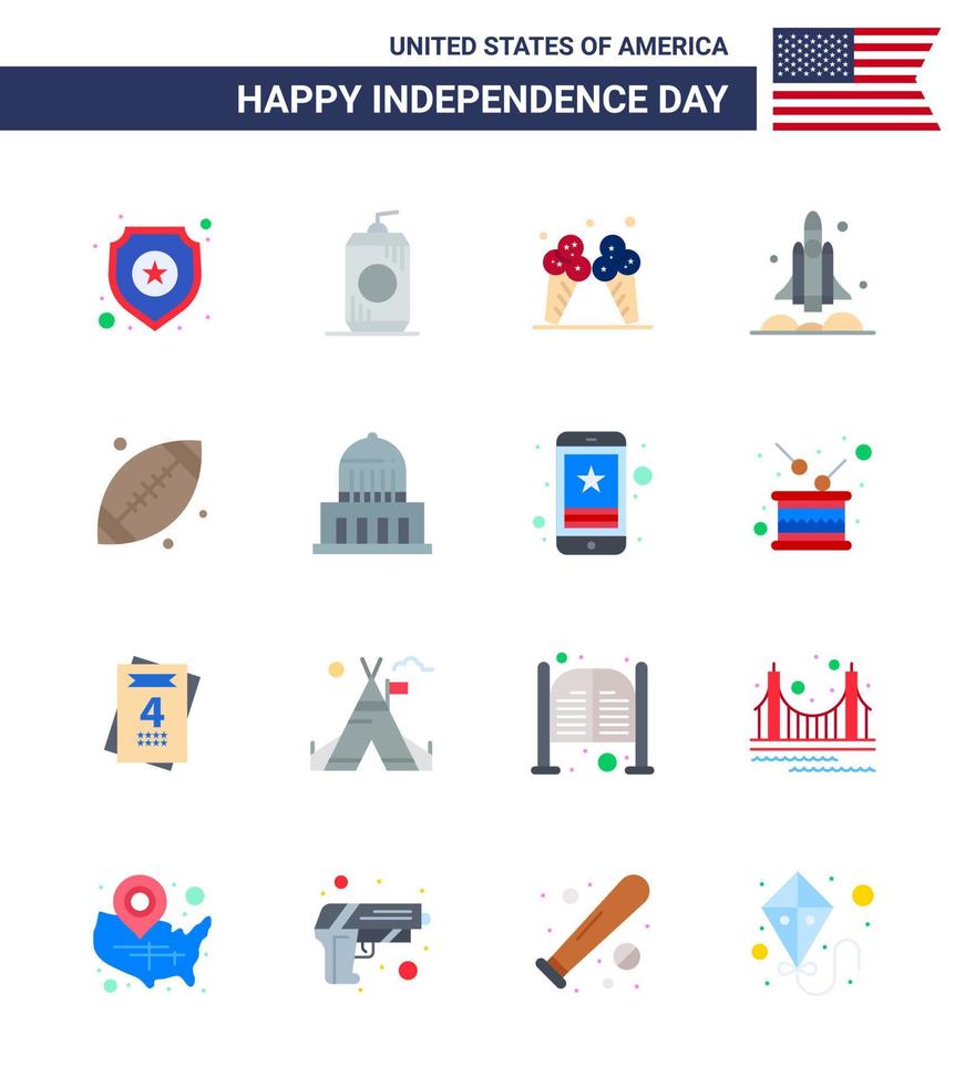 USA Independence Day Flat Set of 16 USA Pictograms of ball transport icecream spaceship launcher Editable USA Day Vector Design Elements