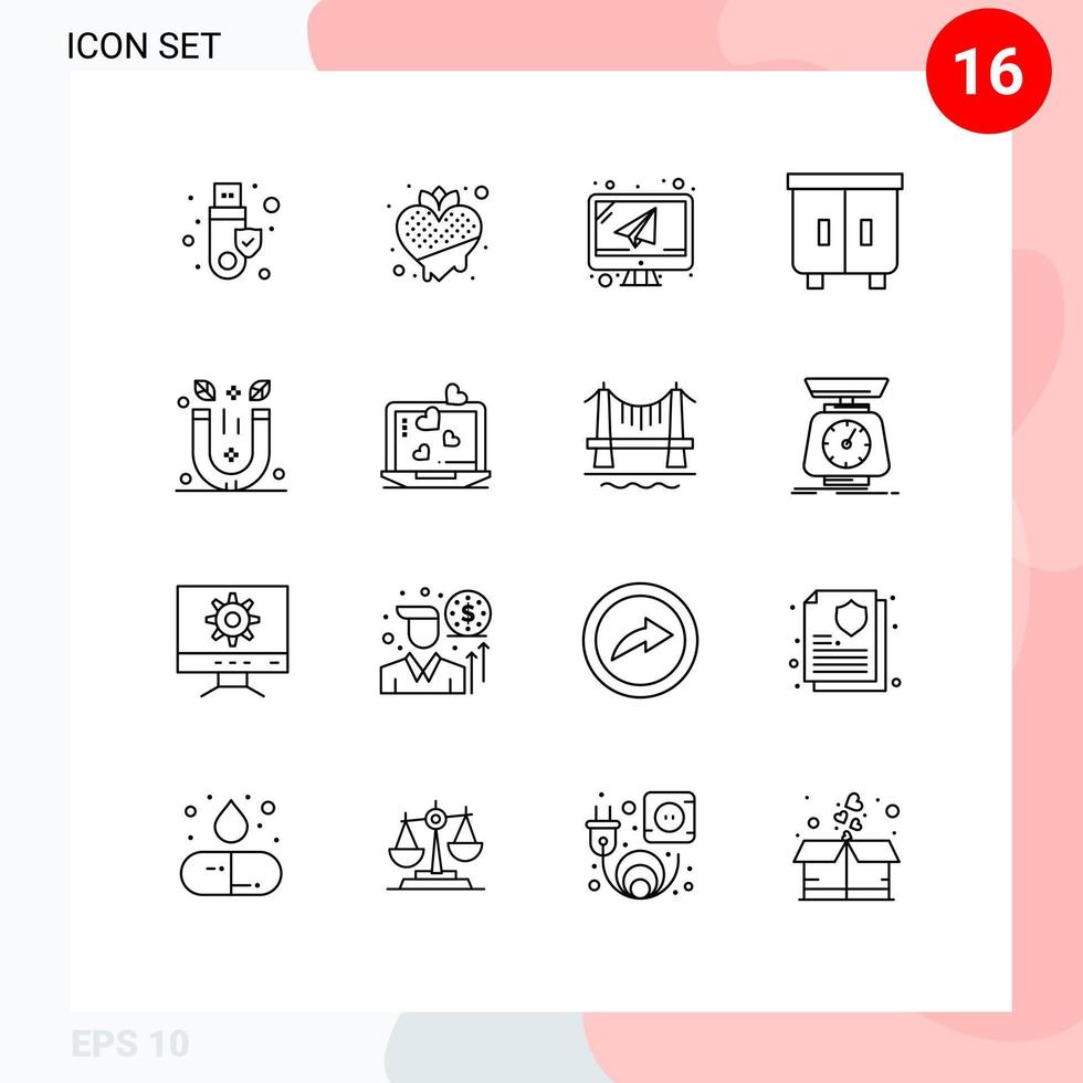 User Interface Pack of 16 Basic Outlines of magnet furniture heart drawer mail Editable Vector Design Elements