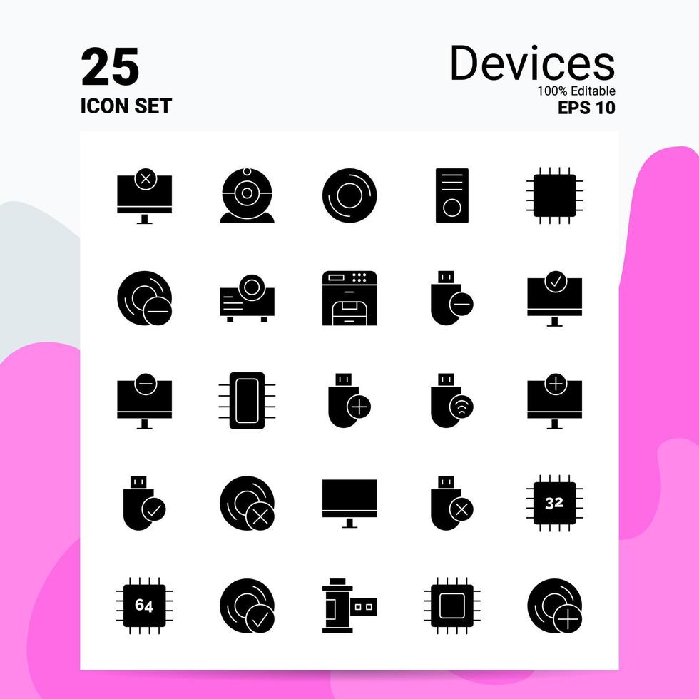 Conjunto de iconos de 25 dispositivos 100 archivos editables eps 10 ideas de concepto de logotipo de empresa diseño de icono de glifo sólido vector