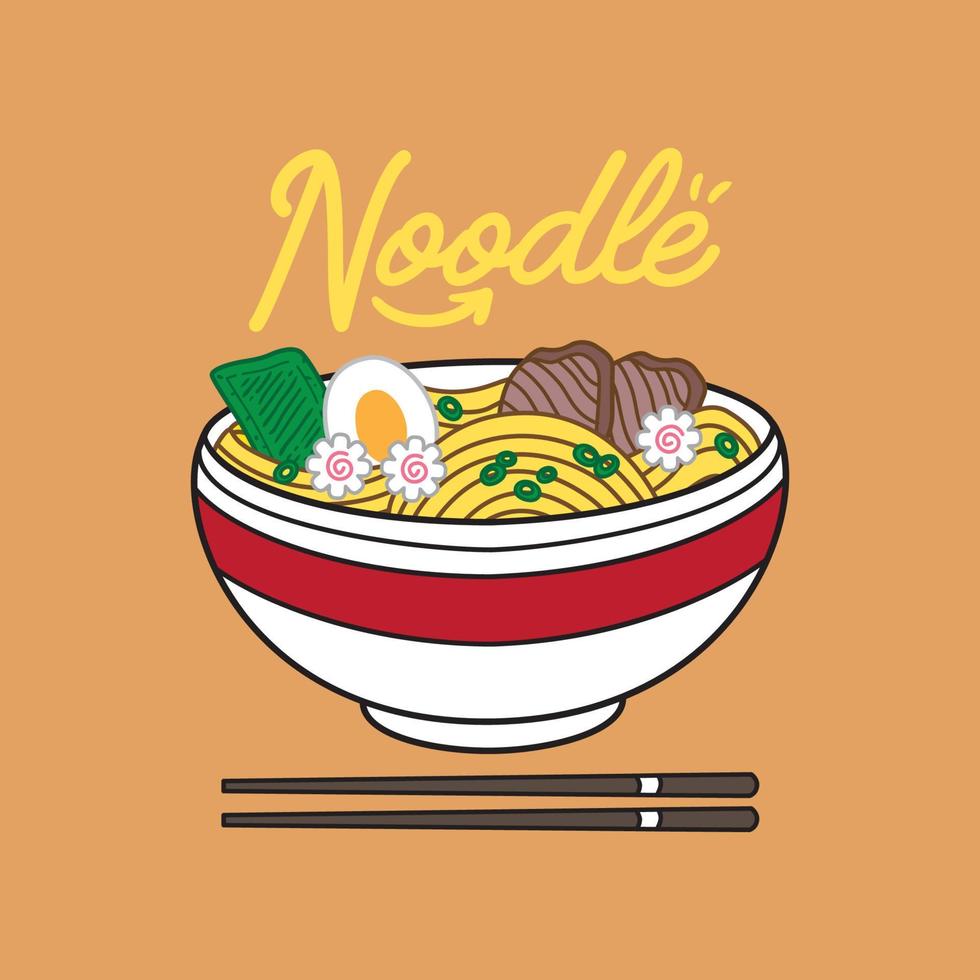 Ramen noodles vector illustration on bowl and chopstick with vintage retro flat style. Japanese noodle soup.