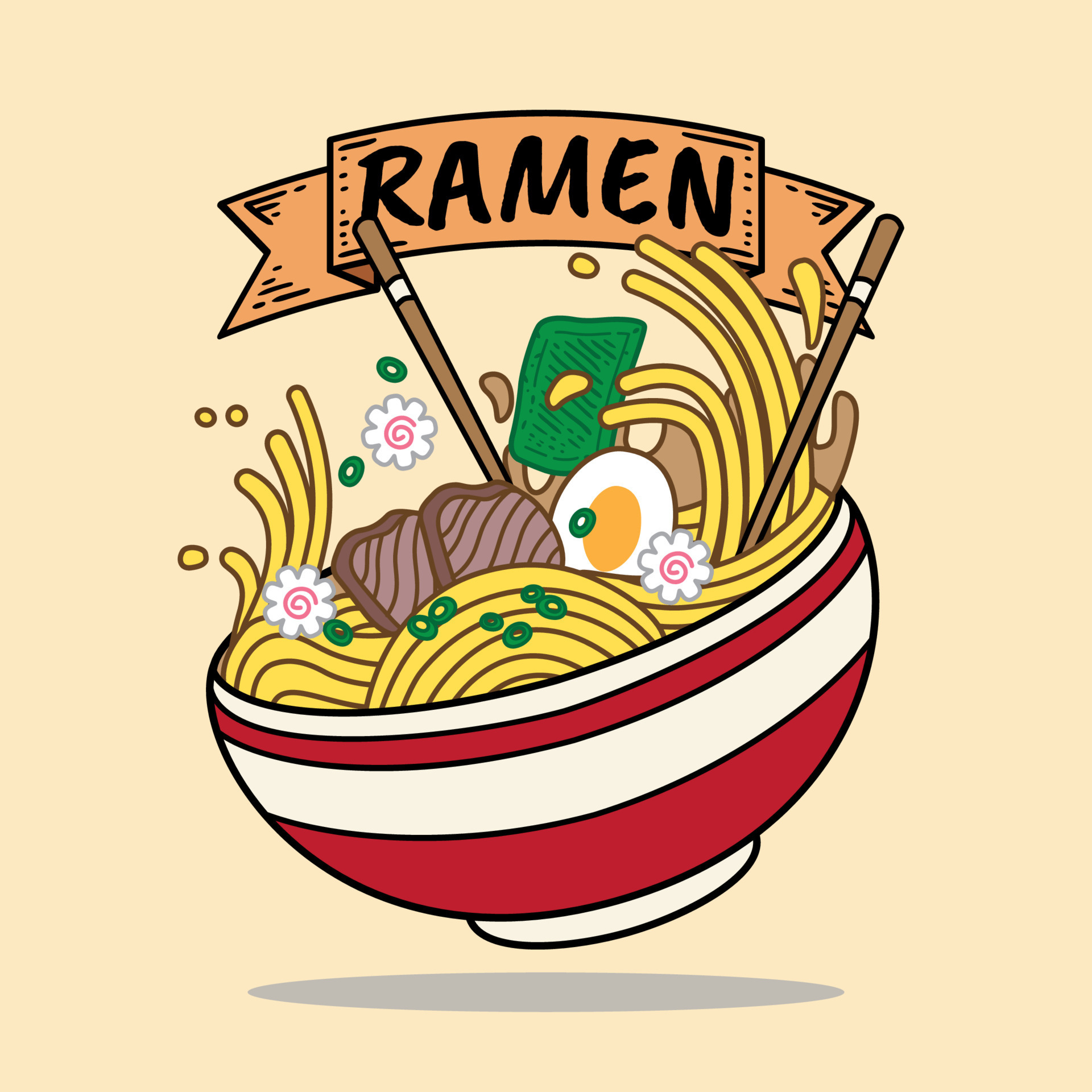 Ramen noodles vector illustration on bowl and chopstick with vintage