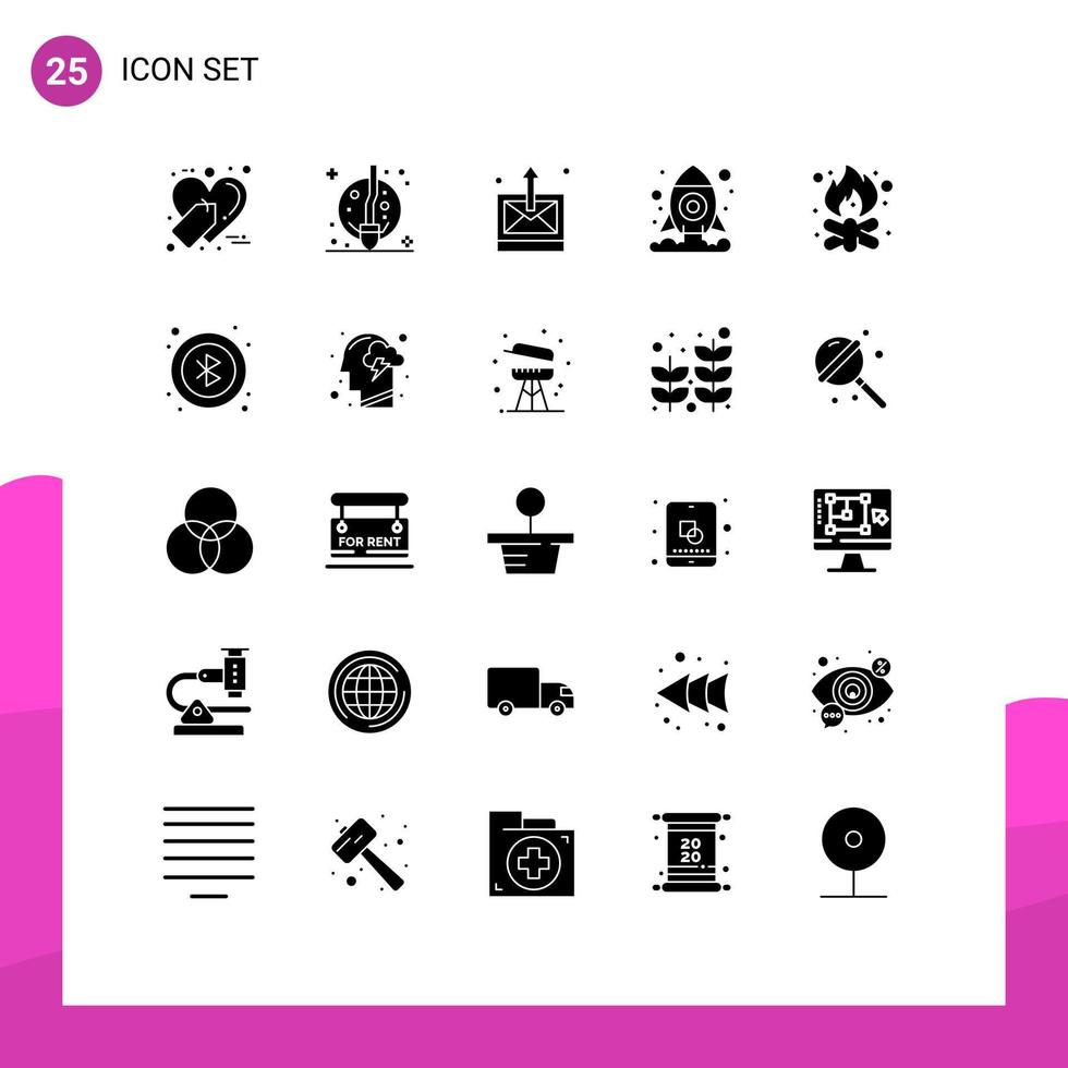 Set of 25 Commercial Solid Glyphs pack for camp beach business space cosmos Editable Vector Design Elements