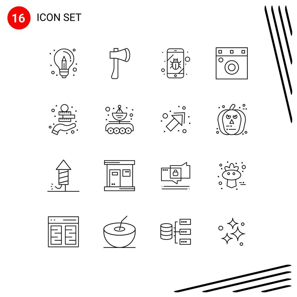 User Interface Pack of 16 Basic Outlines of wardrobe furniture axe tool spy mobile Editable Vector Design Elements