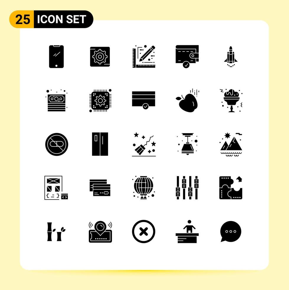 Pictogram Set of 25 Simple Solid Glyphs of marketing launch architect wallet complete Editable Vector Design Elements