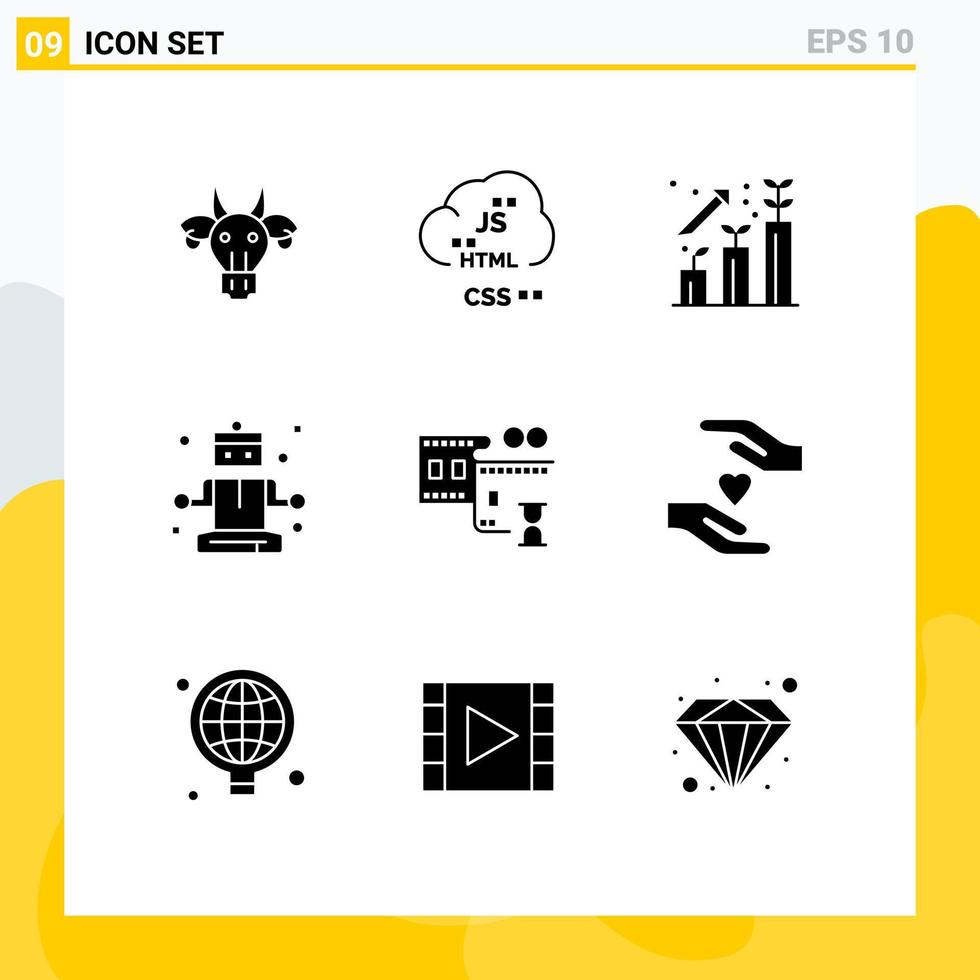 9 Universal Solid Glyph Signs Symbols of film reel relaxing develop meditation growth Editable Vector Design Elements