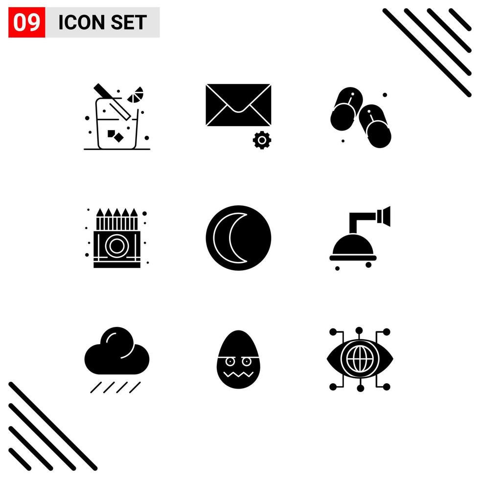 9 Solid Glyph concept for Websites Mobile and Apps night moon slippers pencil crayons Editable Vector Design Elements