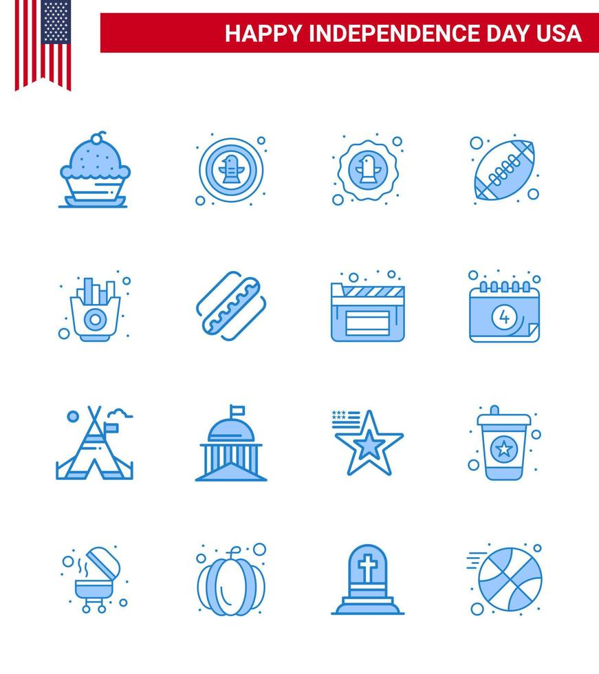 USA Happy Independence DayPictogram Set of 16 Simple Blues of chips food eagle fast sports Editable USA Day Vector Design Elements