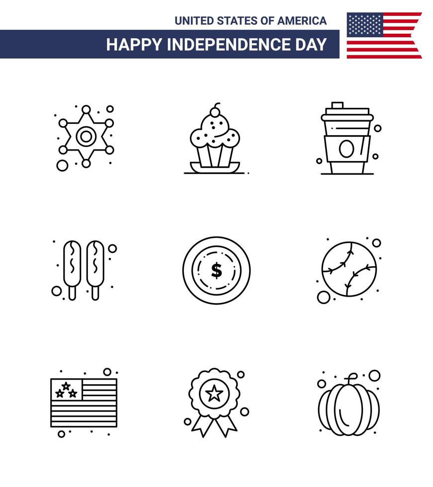 Big Pack of 9 USA Happy Independence Day USA Vector Lines and Editable Symbols of dollar food thanksgiving hot dog usa Editable USA Day Vector Design Elements