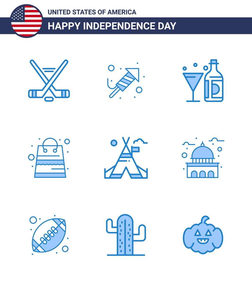 Stock Vector Icon Pack of American Day 9 Line Signs and Symbols for tent free packages drink money glass Editable USA Day Vector Design Elements