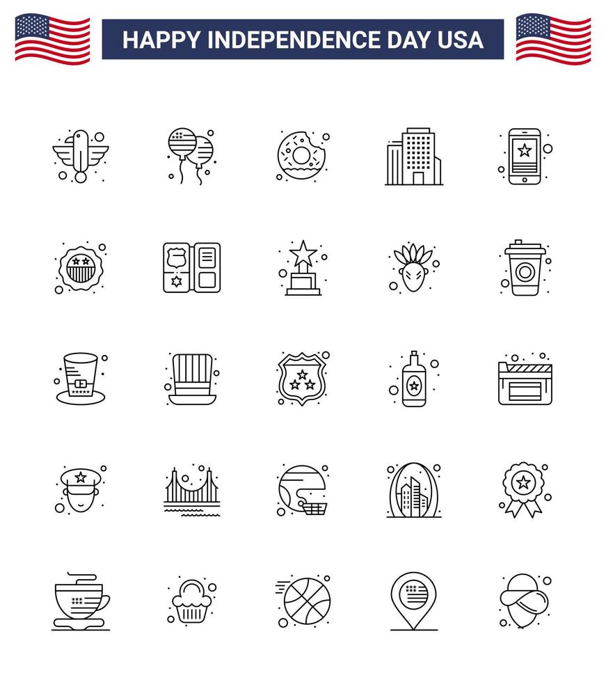 Pack of 25 creative USA Independence Day related Lines of star american american office food Editable USA Day Vector Design Elements