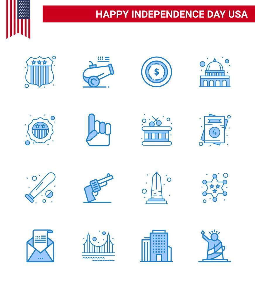 Set of 16 Modern Blues pack on USA Independence Day flag security dollar american usa Editable USA Day Vector Design Elements