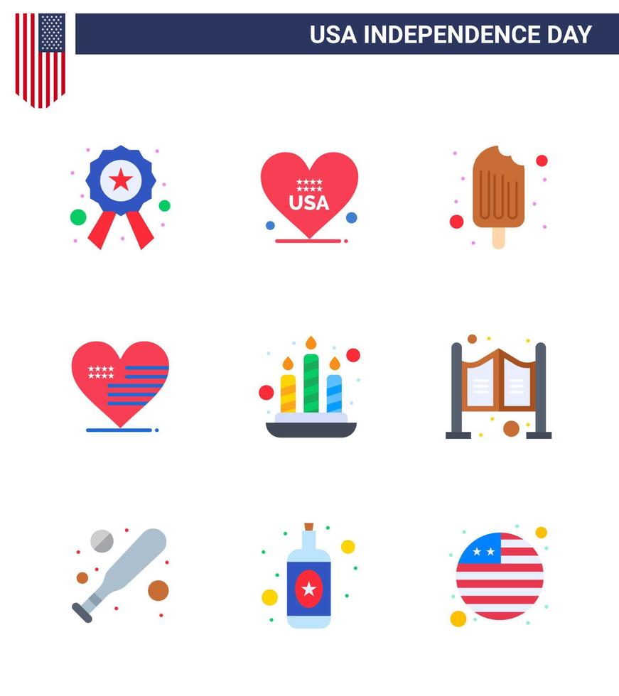 Set of 9 Vector Flats on 4th July USA Independence Day such as fire flag cold american heart Editable USA Day Vector Design Elements