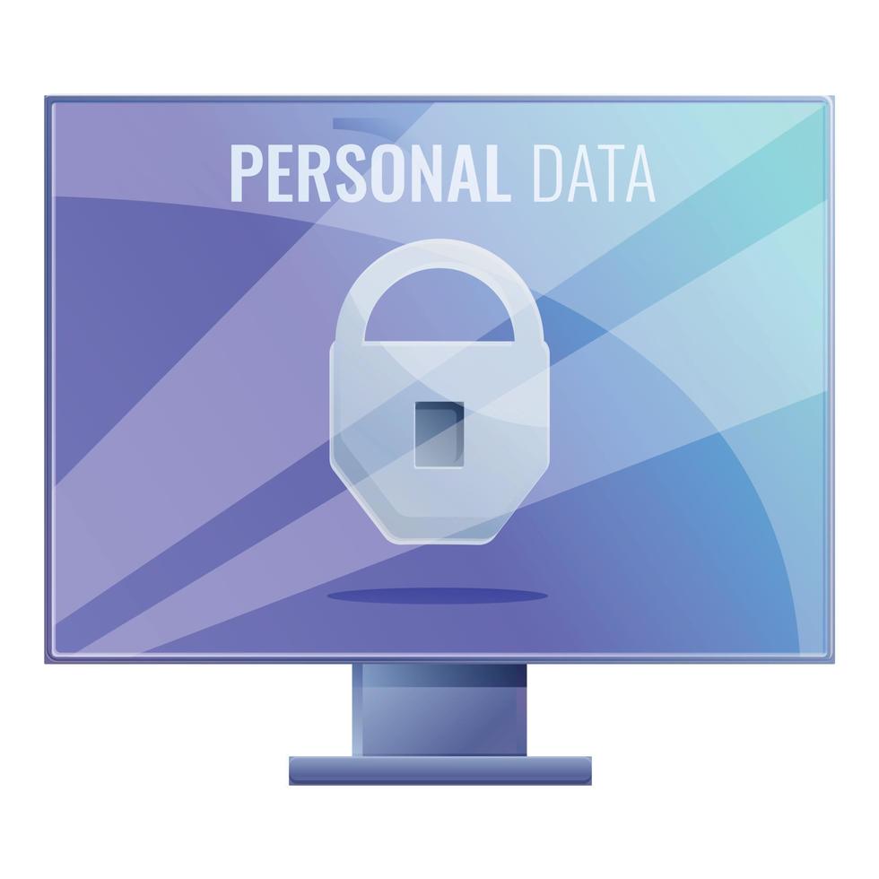 Computer secured personal data icon, cartoon style vector