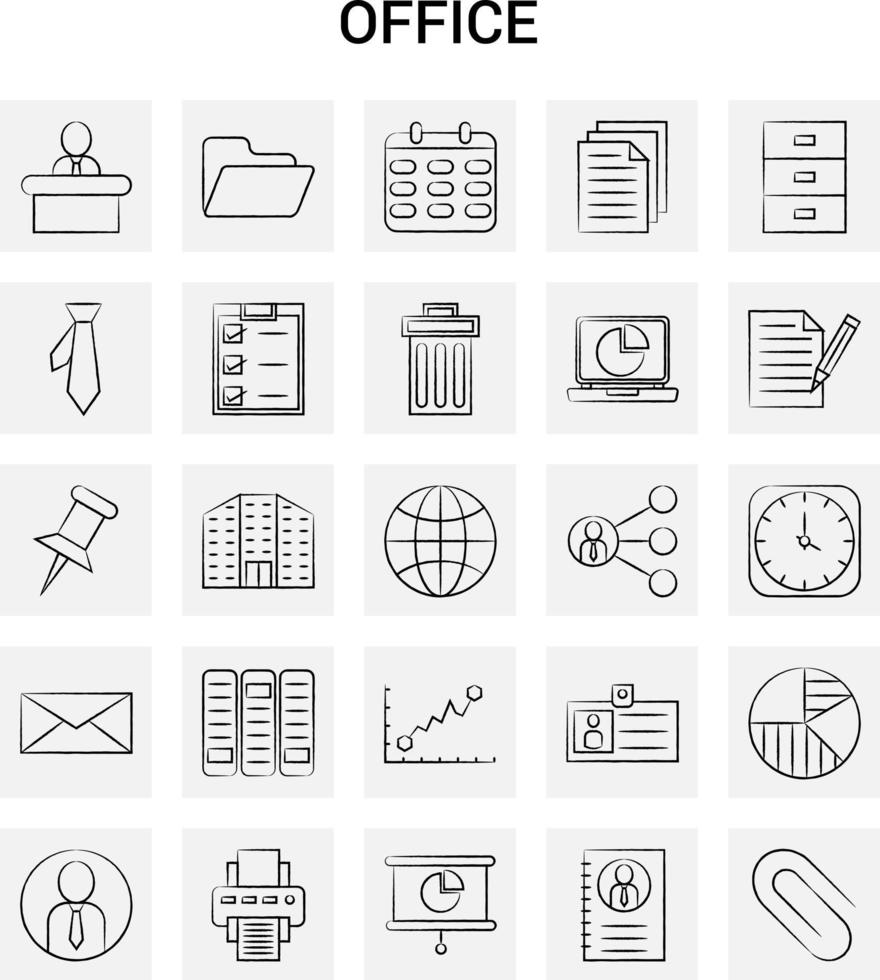 25 iconos de oficina dibujados a mano conjunto de garabatos vectoriales de fondo gris vector