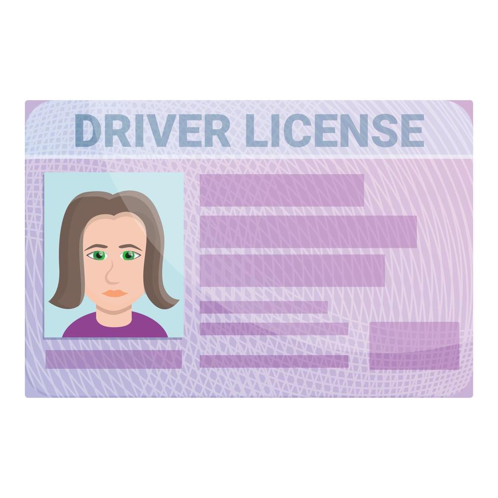 icono de licencia de conducir de mujer, estilo de dibujos animados vector