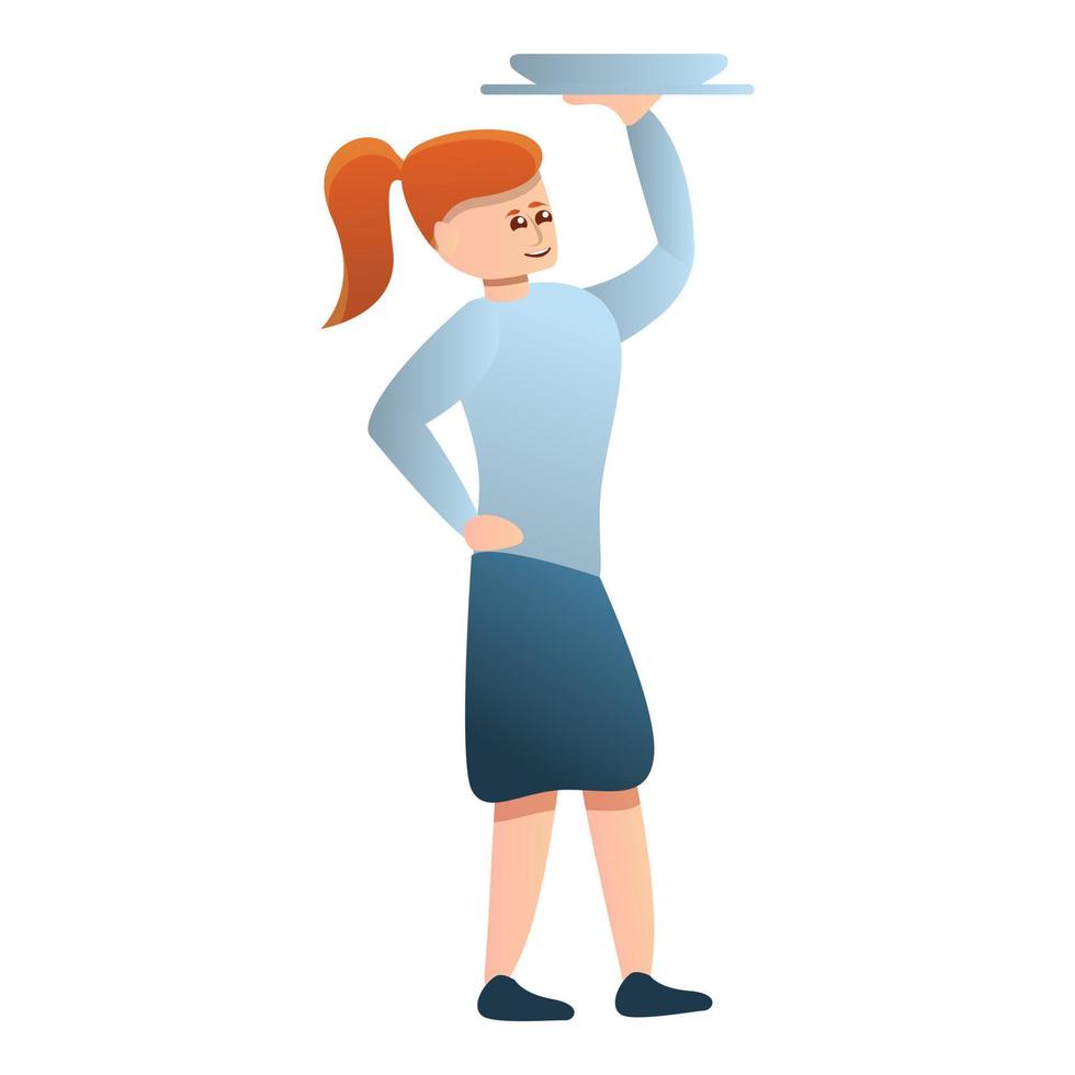 Red hair girl waiter icon, cartoon style vector