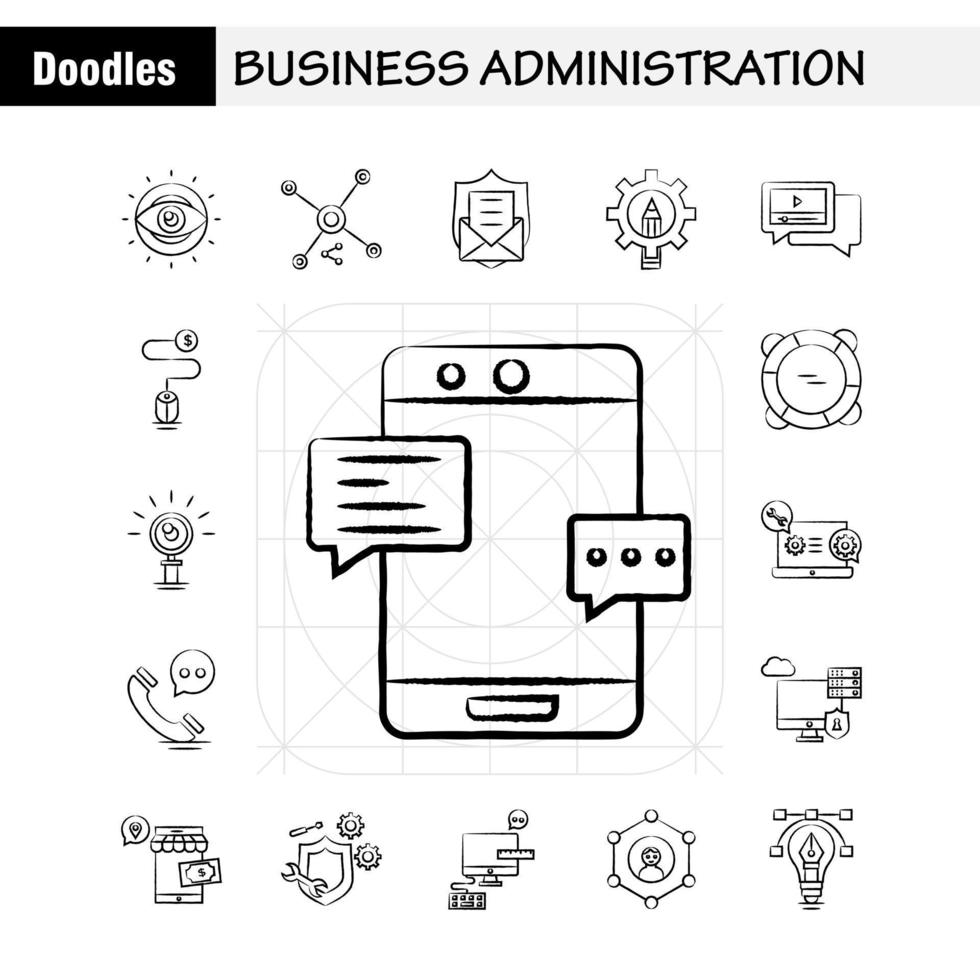 Business Administration Hand Drawn Icons Set For Infographics Mobile UXUI Kit And Print Design Include Internet Setting Setting Gear Globe Tshirt Shirt Sports Eps 10 Vector