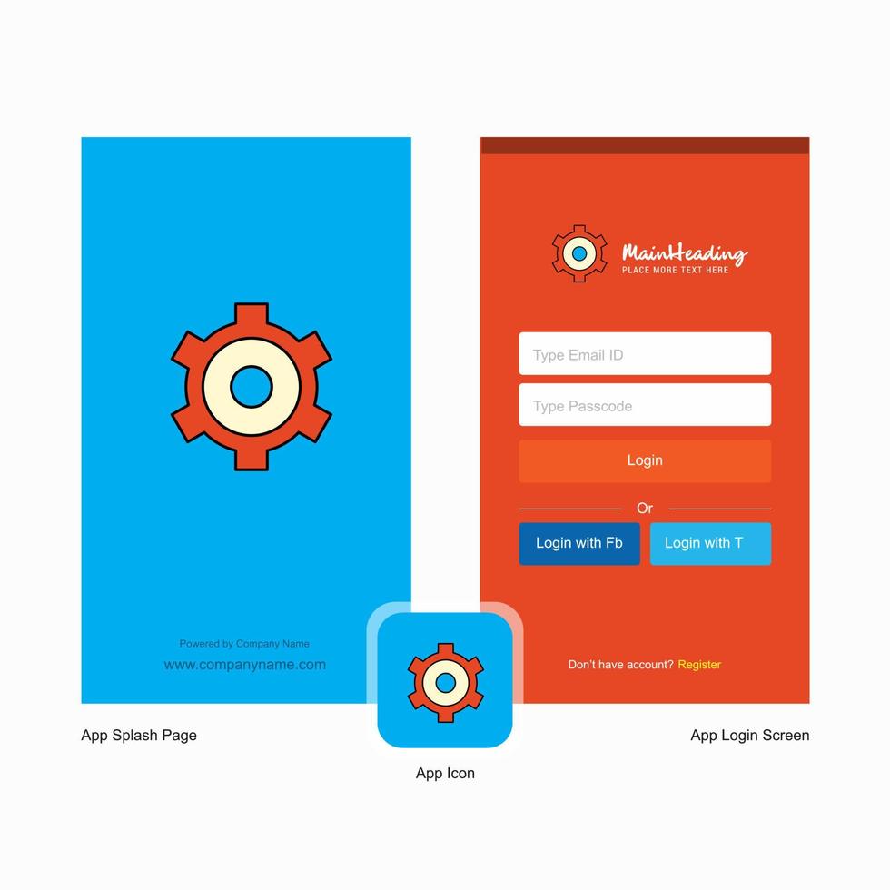 Company Setting gear Splash Screen and Login Page design with Logo template Mobile Online Business Template vector