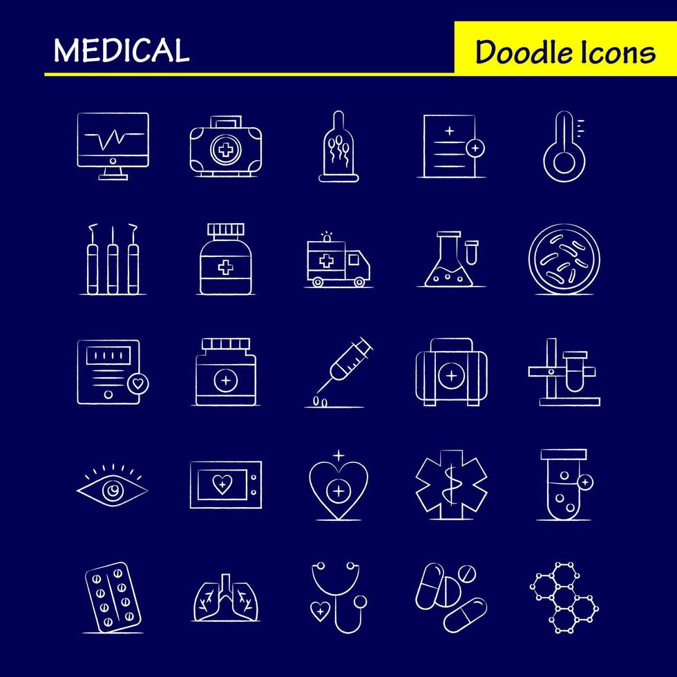Medical Hand Drawn Icons Set For Infographics Mobile UXUI Kit And Print Design Include Ambulance Medical Healthcare Hospital Heart Medical Scanner Statistic Eps 10 Vector