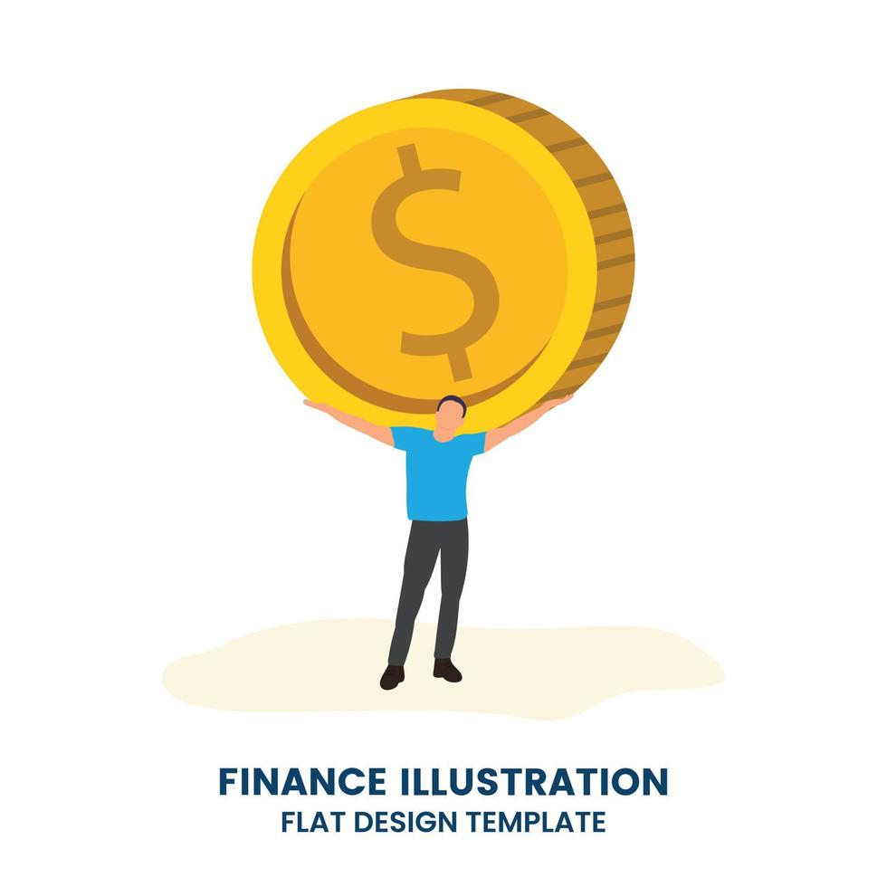 Businessman Lifting Up Big Golden Coins. Financial Success Team Work Concept. Business Achievement Making Money vector