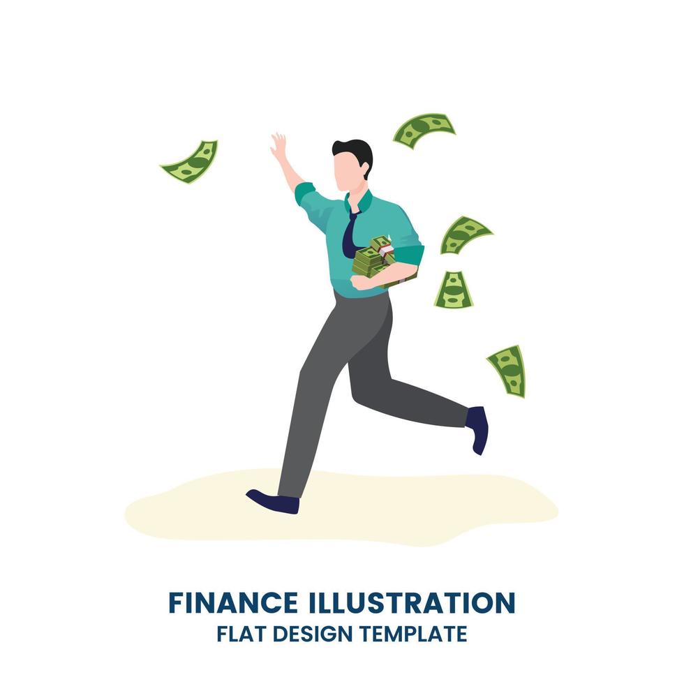 Businessman trying to catch flying money. Happy running entrepreneur man using business opportunity to scoop some dollar bills vector