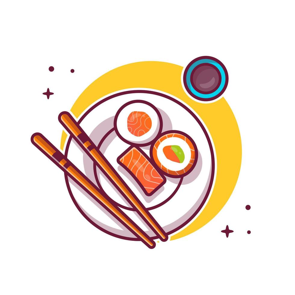 Salmon Sushi With Chopstick On Plate Cartoon Vector Icon Illustration. Japanese Food Icon Concept Isolated Premium Vector. Flat Cartoon Style