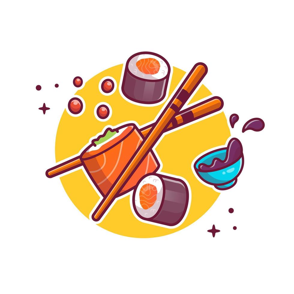 Sushi, Chopstick And Shoyu Cartoon Vector Icon Illustration. Japanese Food Icon Concept Isolated Premium Vector. Flat Cartoon Style