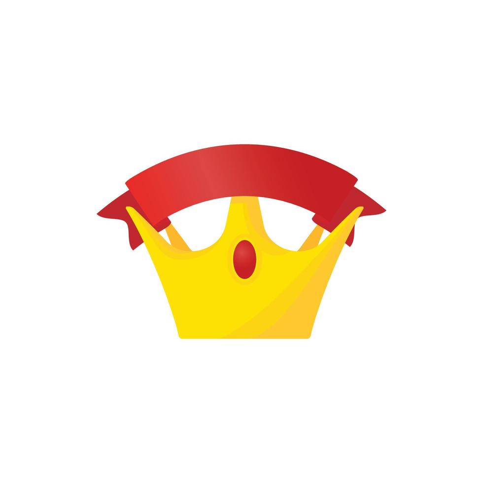 Golden crown with red riibbon icon, cartoon style vector