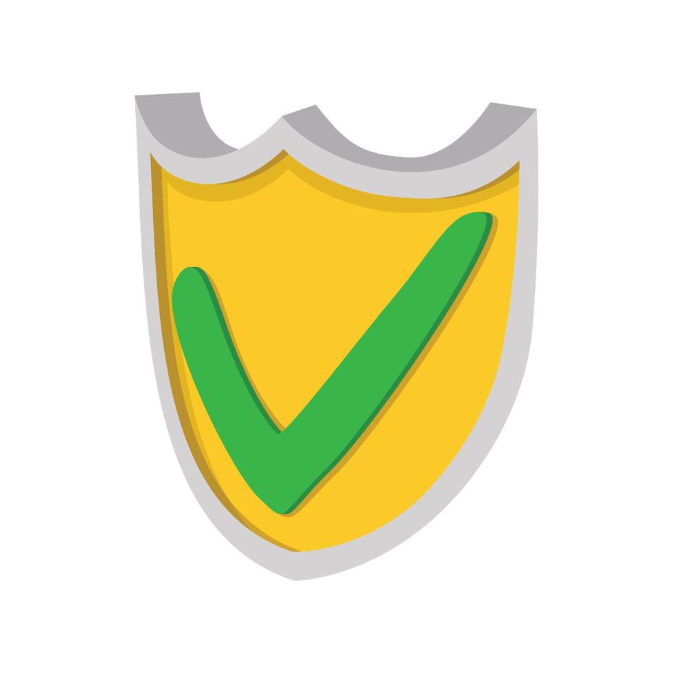 Yellow shield with green tick icon, cartoon style vector