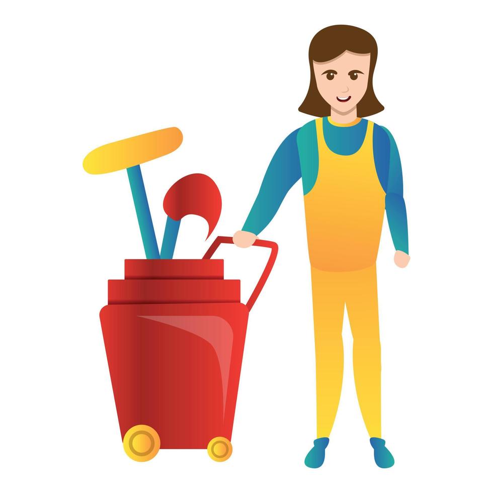 Woman with cleaning tools icon, cartoon style vector