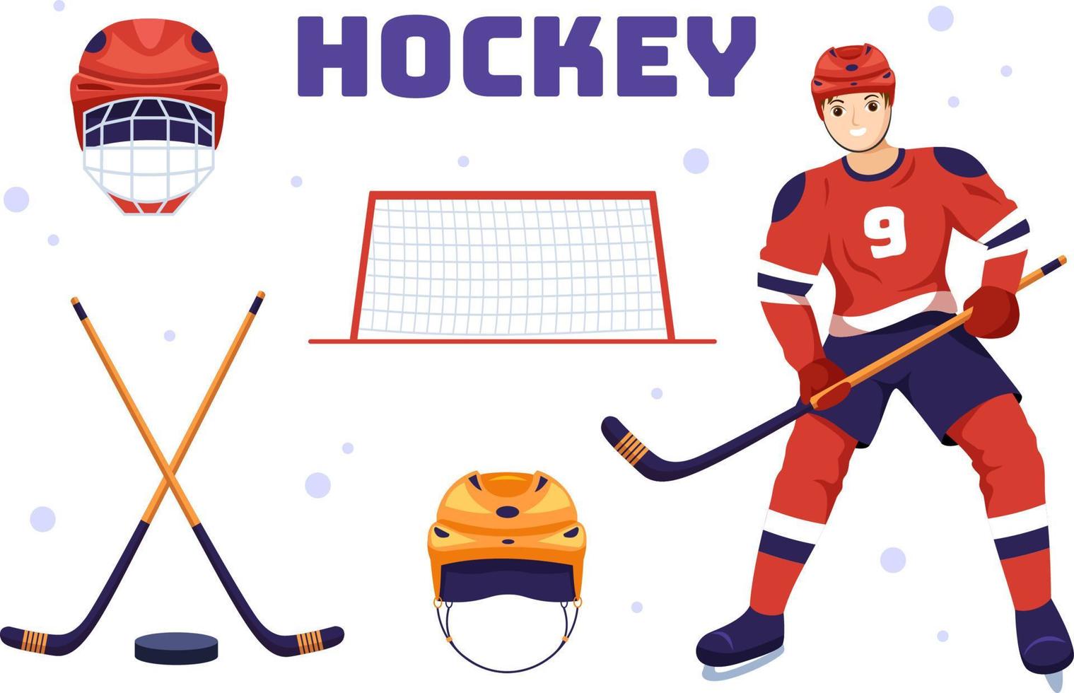 deporte de jugador de hockey sobre hielo con casco, palo, disco y patines en la superficie de hielo para juego o campeonato en ilustración de plantillas dibujadas a mano de dibujos animados planos vector