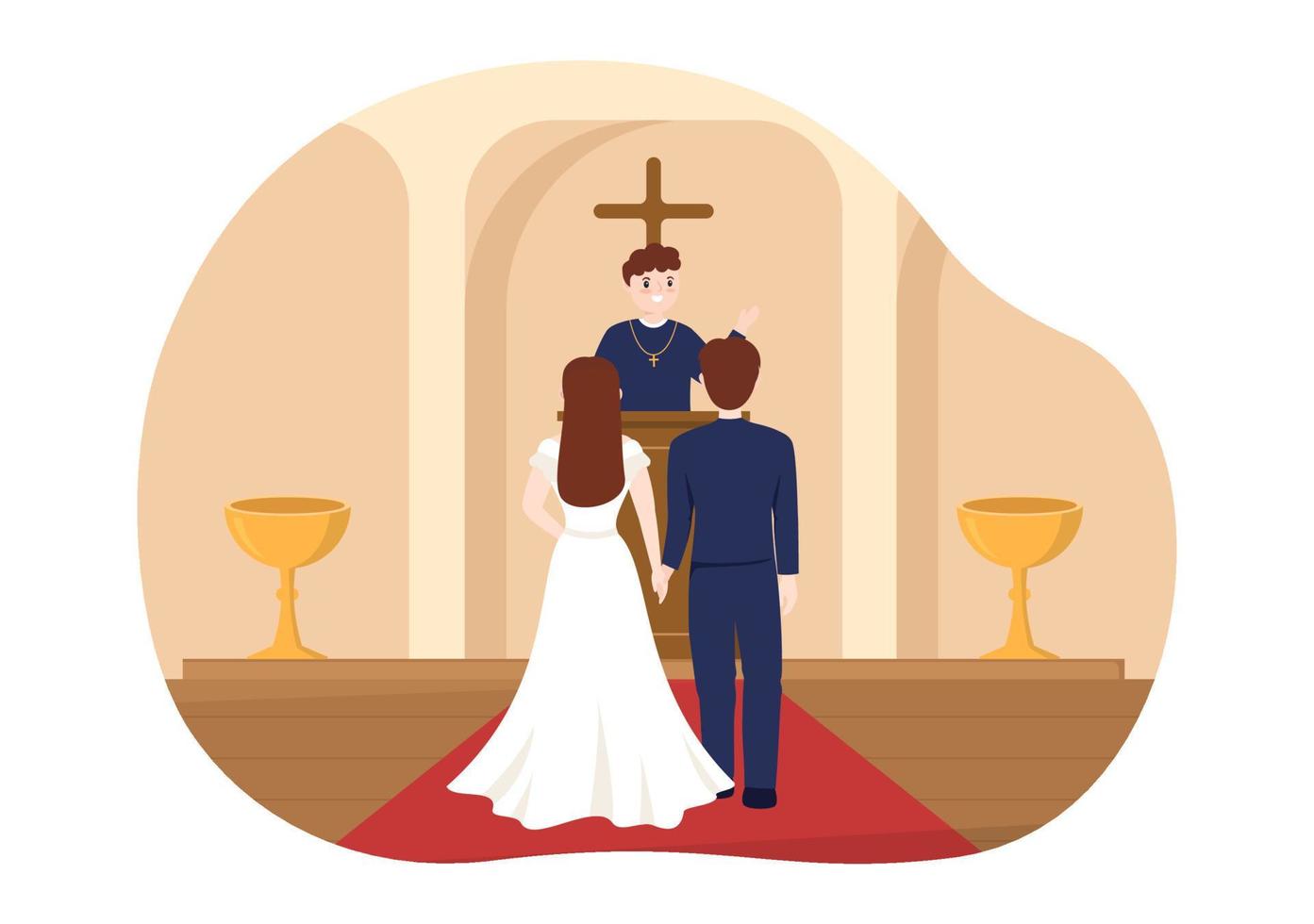 Wedding Ceremony in the Cathedral Catholic Church Building with the Happy Couple in Flat Cartoon Hand Drawn Template Illustration vector