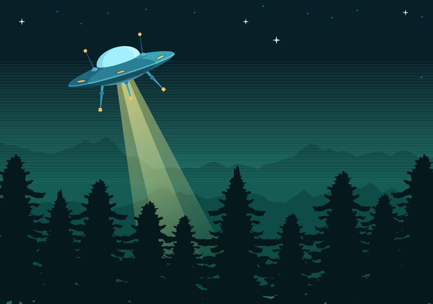 nave espacial voladora ovni con rayos de luz en el cielo vista nocturna de la ciudad y extraterrestre en ilustración de plantillas dibujadas a mano de dibujos animados planos vector