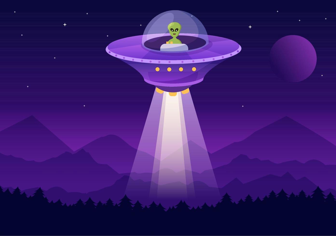 UFO Flying Spaceship with Rays of Light in Sky Night City View and Alien in Flat Cartoon Hand Drawn Templates Illustration vector